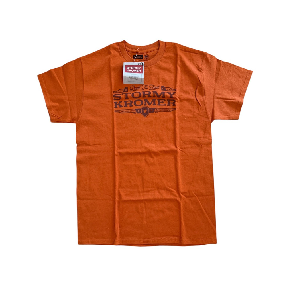 Stormy Kromer Built to Last Shirt Orange Logo Spell Out Unisex Sz EXTRA LARGE